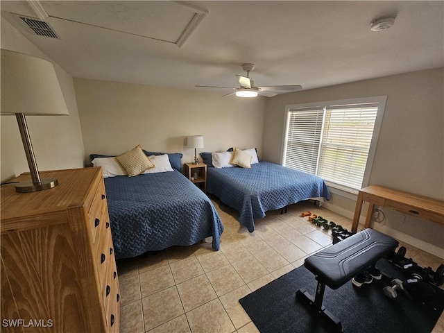 19942 Lake Vista Cir N Unit 2, Lehigh Acres, FL 33936 - bedroom with visible vents, ceiling fan, and light tile patterned floors