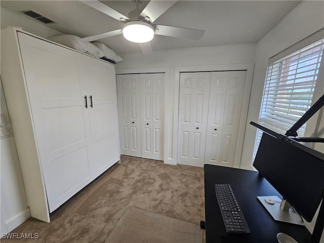 19942 Lake Vista Cir N Unit 2, Lehigh Acres, FL 33936 - office area featuring baseboards, a ceiling fan, visible vents, and carpet