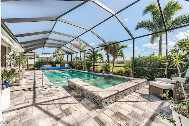 15951 Talon Ter, Punta Gorda, FL 33982 - view of pool featuring a patio, a pool with connected hot tub, an outdoor living space, and a lanai