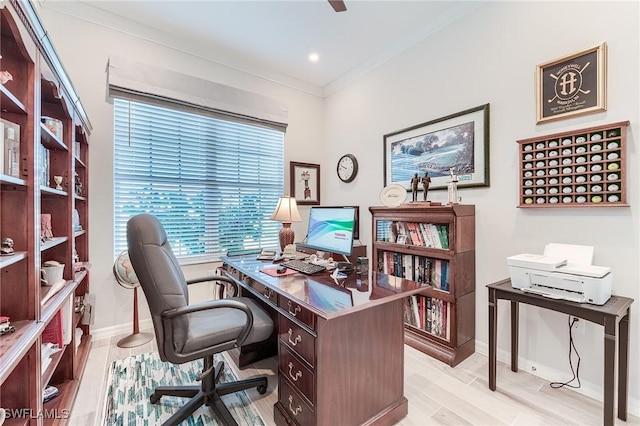 15951 Talon Ter, Punta Gorda, FL 33982 - office area featuring baseboards, ornamental molding, and light wood-type flooring