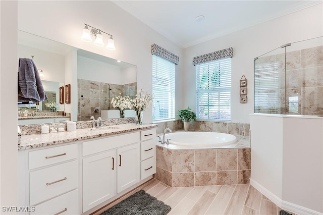 15951 Talon Ter, Punta Gorda, FL 33982 - bathroom featuring a garden tub, crown molding, vanity, wood finished floors, and a walk in shower