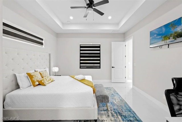 bedroom featuring a tray ceiling, light tile patterned floors, baseboards, ceiling fan, and recessed lighting