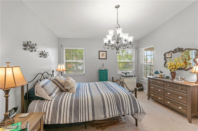 bedroom featuring light colored carpet, vaulted ceiling, a chandelier, and multiple windows