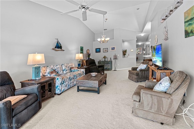 living room with baseboards, vaulted ceiling, ceiling fan with notable chandelier, and carpet