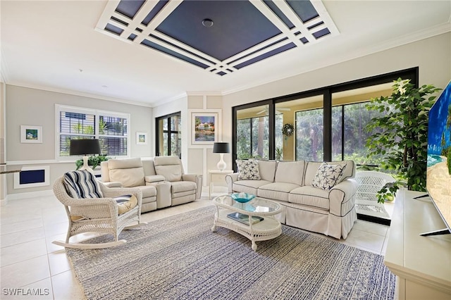 tiled living room featuring coffered ceiling and crown molding