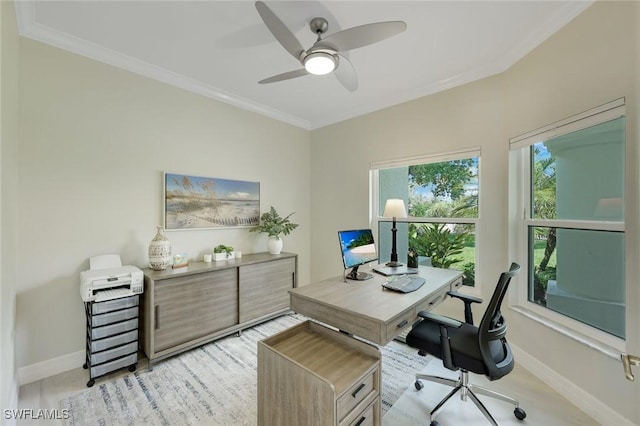 25011 Goldcrest Dr, Bonita Springs, FL 34134 - office space with crown molding, baseboards, and a ceiling fan