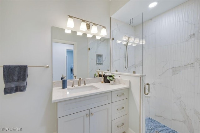 25011 Goldcrest Dr, Bonita Springs, FL 34134 - full bathroom featuring vanity and a marble finish shower