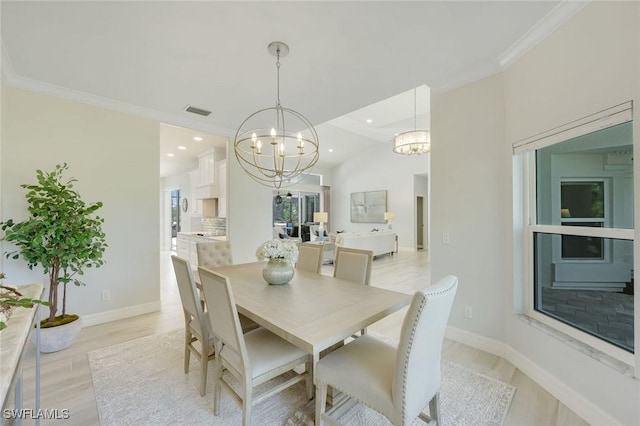 25011 Goldcrest Dr, Bonita Springs, FL 34134 - dining area with a chandelier, baseboards, ornamental molding, visible vents, and recessed lighting