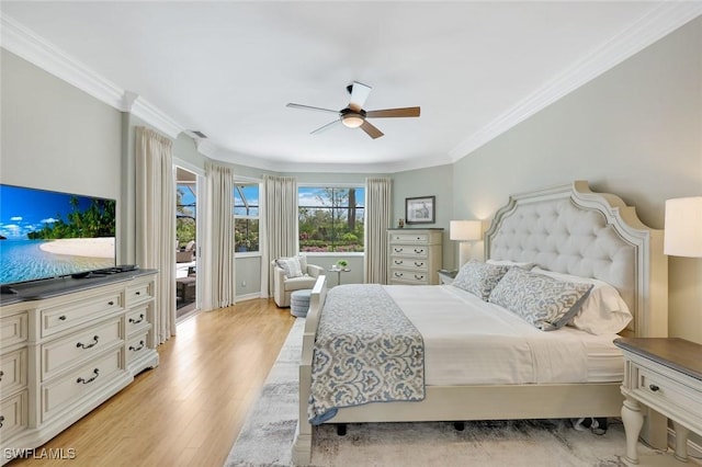 25011 Goldcrest Dr, Bonita Springs, FL 34134 - bedroom with light wood finished floors, ceiling fan, and crown molding