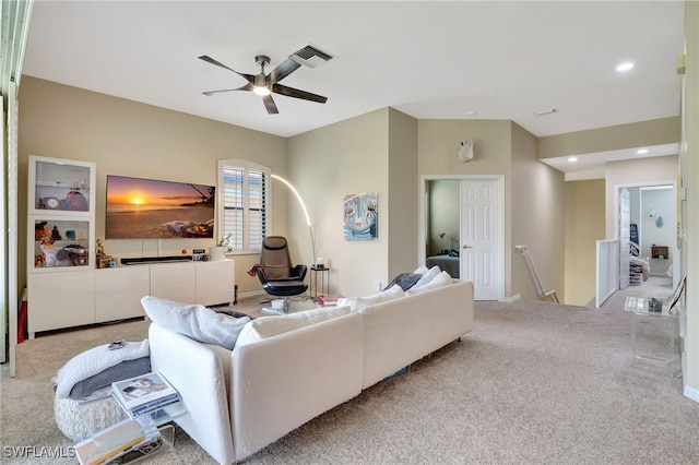living area with carpet, ceiling fan, recessed lighting, and visible vents