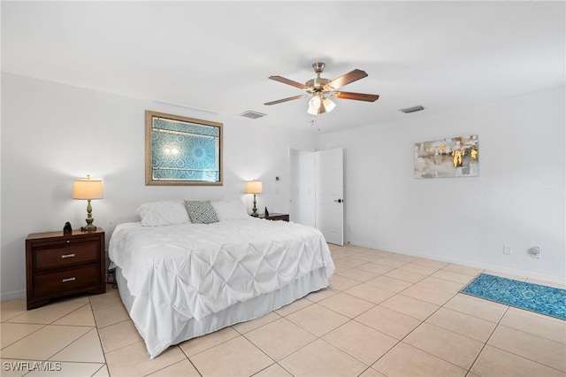 bedroom featuring light tile patterned floors, visible vents, and ceiling fan
