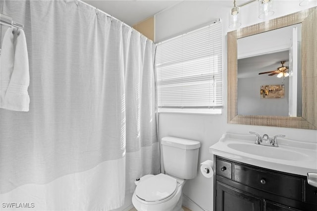 bathroom with toilet, ceiling fan, and vanity