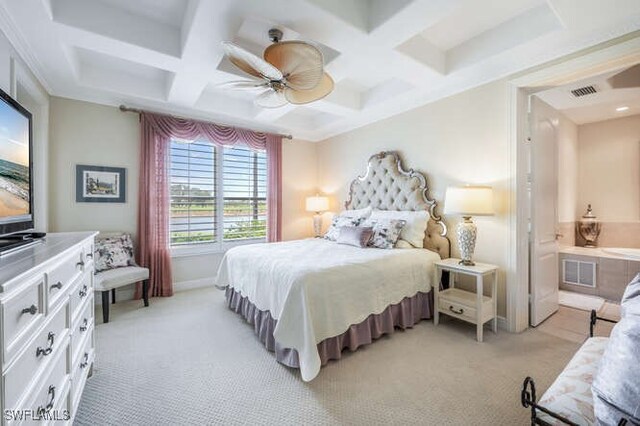 bedroom featuring beamed ceiling, visible vents, coffered ceiling, and light colored carpet