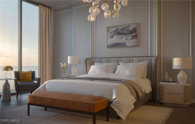 bedroom with a notable chandelier