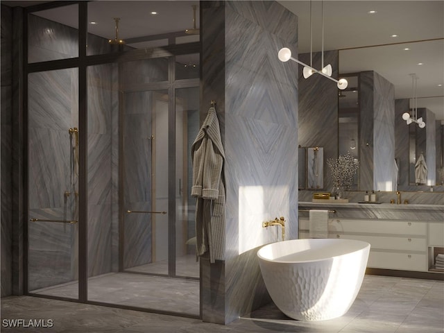 full bath with vanity, a shower stall, and a freestanding bath