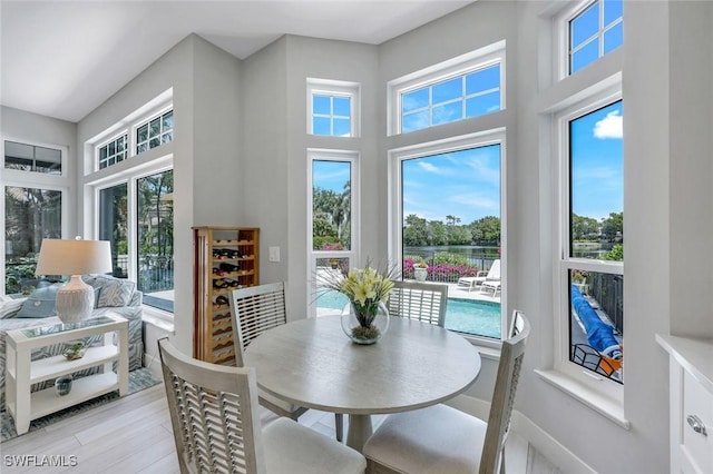 sunroom with a healthy amount of sunlight and a water view