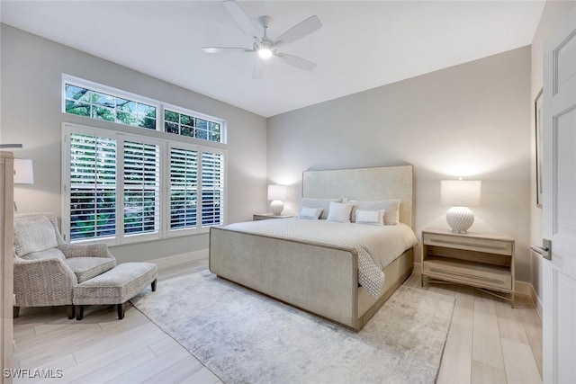 bedroom featuring light wood-style floors and a ceiling fan