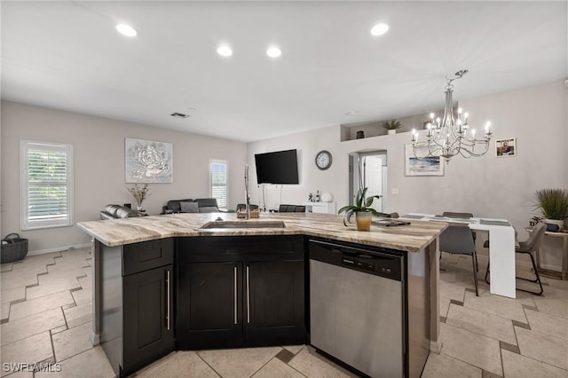 2017 Cape Coral Pkwy W, Cape Coral, FL 33914 - kitchen with dishwasher, open floor plan, a chandelier, plenty of natural light, and recessed lighting