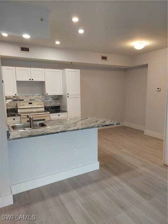 kitchen with white electric stove, visible vents, light stone countertops, and a sink