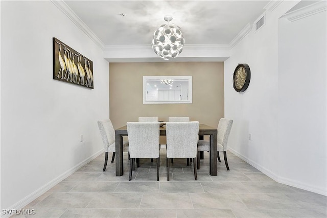 tiled dining space with an inviting chandelier, visible vents, crown molding, and baseboards