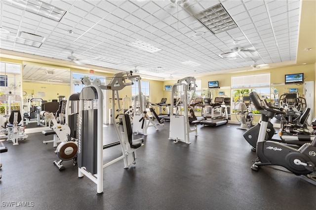 14524 Abaco Lakes Dr Unit 203, Fort Myers, FL 33908 - workout area with a drop ceiling, a healthy amount of sunlight, ceiling fan, and visible vents