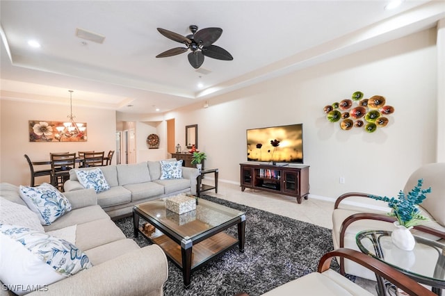 4630 Winged Foot Ct Unit 202, Naples, FL 34112 - tiled living area with a raised ceiling, recessed lighting, ceiling fan with notable chandelier, and baseboards