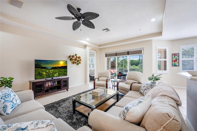 4630 Winged Foot Ct Unit 202, Naples, FL 34112 - living room with recessed lighting, tile patterned floors, ceiling fan, baseboards, and visible vents