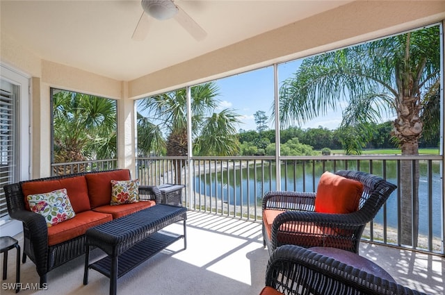 4630 Winged Foot Ct Unit 202, Naples, FL 34112 - sunroom / solarium featuring ceiling fan, a water view, and an outdoor living space