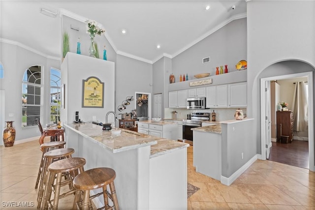 2640 SW 29th Ave, Cape Coral, FL 33914 - kitchen with appliances with stainless steel finishes, high vaulted ceiling, a kitchen bar, light tile patterned floors, and a sink
