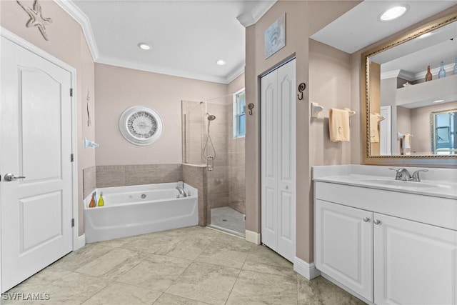 2640 SW 29th Ave, Cape Coral, FL 33914 - bathroom with ornamental molding, a stall shower, a garden tub, vanity, and tile patterned floors