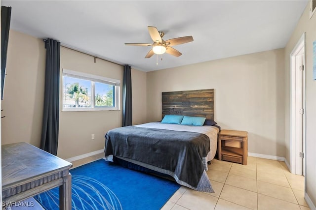bedroom featuring light tile patterned floors, visible vents, ceiling fan, and baseboards