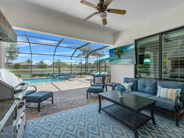 9459 Campanile Cir, Naples, FL 34114 - view of patio with an outdoor living space, a jacuzzi, ceiling fan, an outdoor pool, and glass enclosure