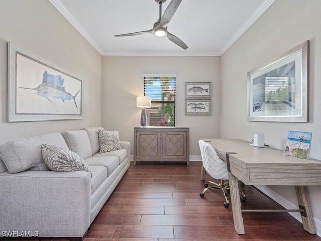 9459 Campanile Cir, Naples, FL 34114 - office space featuring crown molding, dark wood finished floors, a ceiling fan, and baseboards