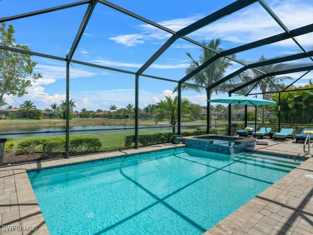 9459 Campanile Cir, Naples, FL 34114 - view of swimming pool featuring a water view, a patio area, a pool with connected hot tub, and a lanai