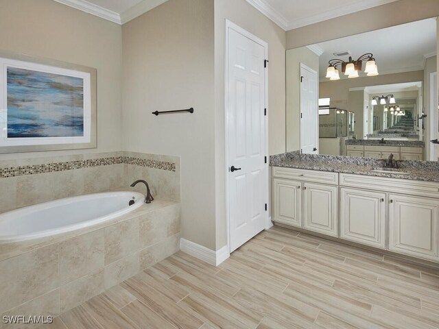 9459 Campanile Cir, Naples, FL 34114 - bathroom featuring a garden tub, vanity, a shower stall, ornamental molding, and wood finished floors