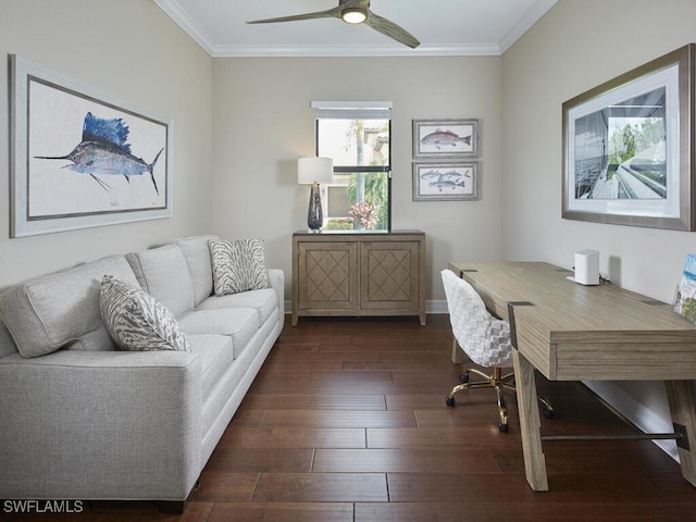9459 Campanile Cir, Naples, FL 34114 - home office with crown molding, hardwood / wood-style floors, and ceiling fan