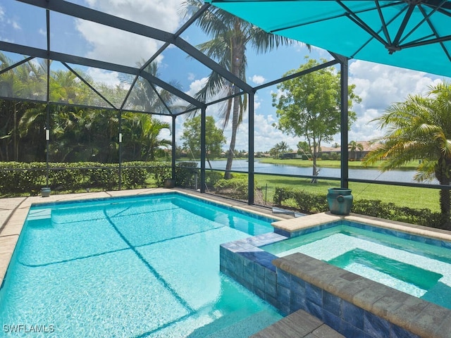 9459 Campanile Cir, Naples, FL 34114 - view of swimming pool featuring a water view, a pool with connected hot tub, and glass enclosure