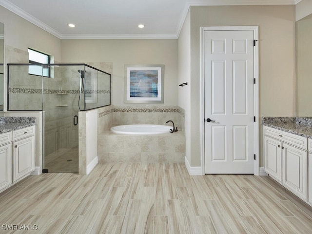 9459 Campanile Cir, Naples, FL 34114 - full bath with vanity, a bath, a shower stall, ornamental molding, and wood finished floors