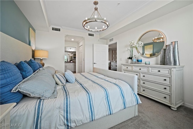 carpeted bedroom with visible vents, ornamental molding, and an inviting chandelier