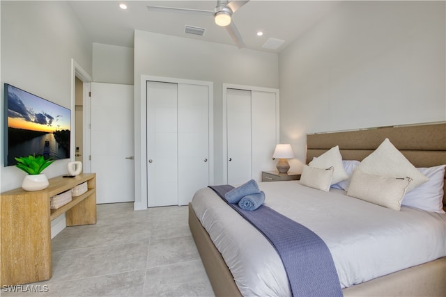 bedroom featuring multiple closets, recessed lighting, and ceiling fan
