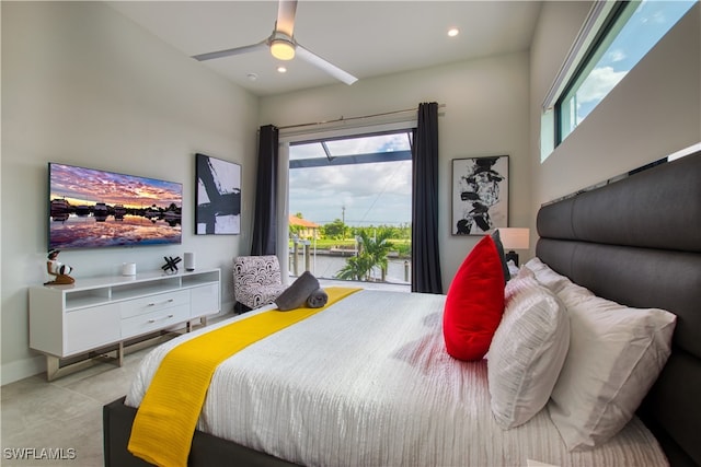 bedroom with a ceiling fan, recessed lighting, and baseboards
