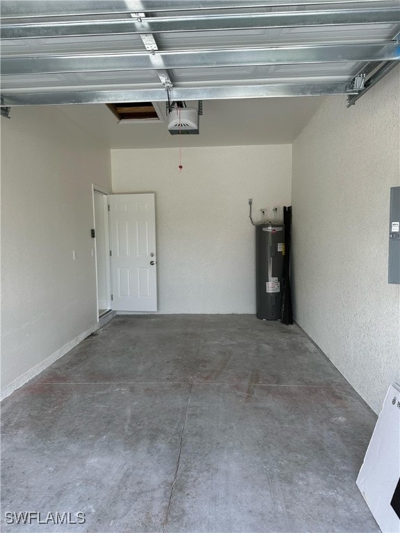 garage with a textured wall, water heater, electric panel, and a garage door opener