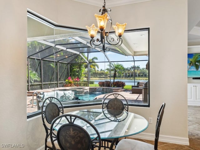 tiled dining room featuring an inviting chandelier, ornamental molding, a sunroom, and baseboards