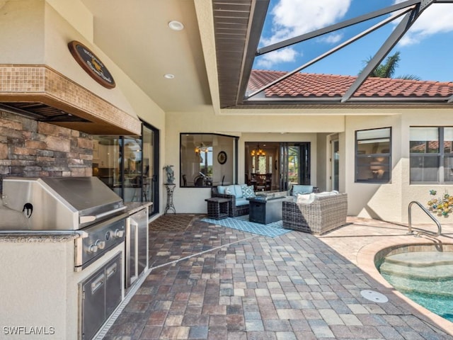 view of patio / terrace featuring an outdoor living space, glass enclosure, area for grilling, and an outdoor pool