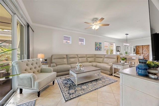 20005 Parrot Key Ct, Estero, FL 33928 - living room with ceiling fan with notable chandelier, ornamental molding, and light tile patterned flooring