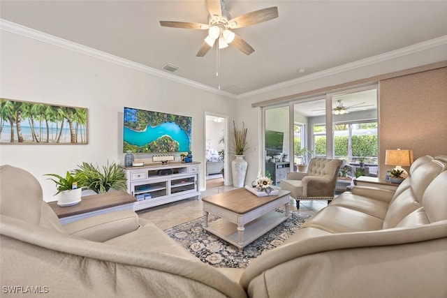 20005 Parrot Key Ct, Estero, FL 33928 - living room with visible vents, crown molding, and ceiling fan