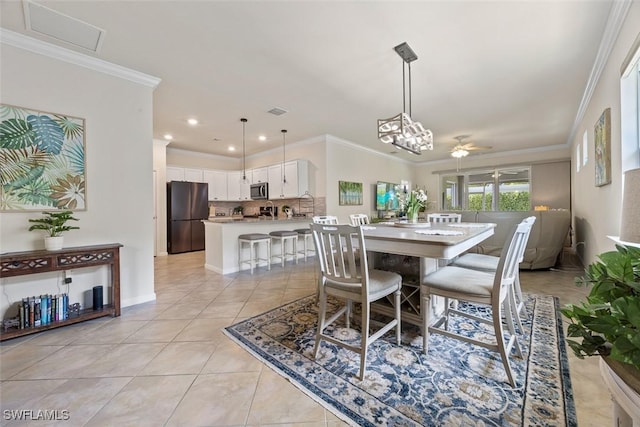 20005 Parrot Key Ct, Estero, FL 33928 - dining room featuring light tile patterned floors, visible vents, recessed lighting, ceiling fan, and ornamental molding