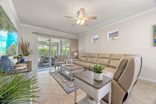 20005 Parrot Key Ct, Estero, FL 33928 - living area with crown molding, baseboards, ceiling fan, and light tile patterned floors