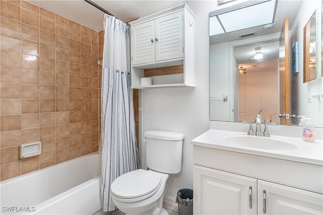 full bath featuring toilet, vanity, and shower / bathtub combination with curtain