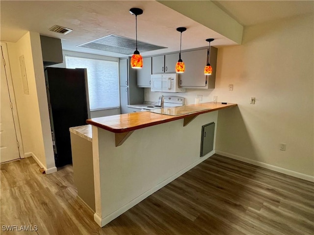 2241 E 5th St Unit 103, Lehigh Acres, FL 33936 - kitchen with white appliances, butcher block countertops, dark wood-style floors, a peninsula, and baseboards